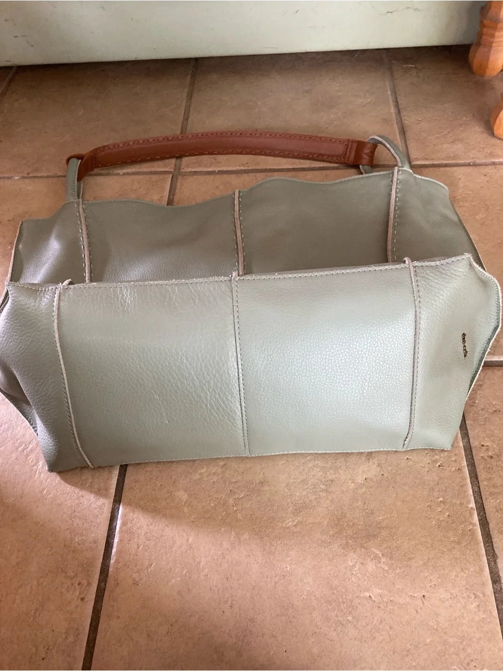 The Sak Leather Tote Bag in Light Sage with Contrast Brown Handles